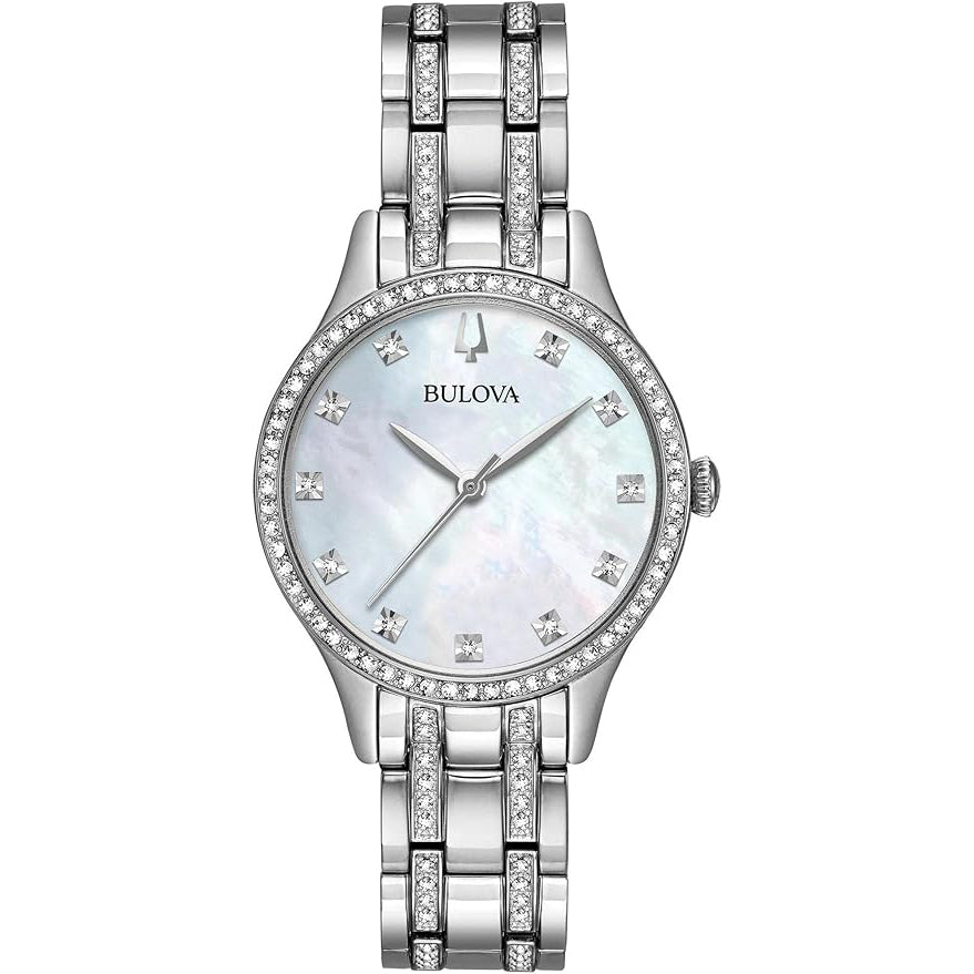 96X145 Reloj Bulova Crystal Mother of Pearl de señorita pulsera de metal 32 mm