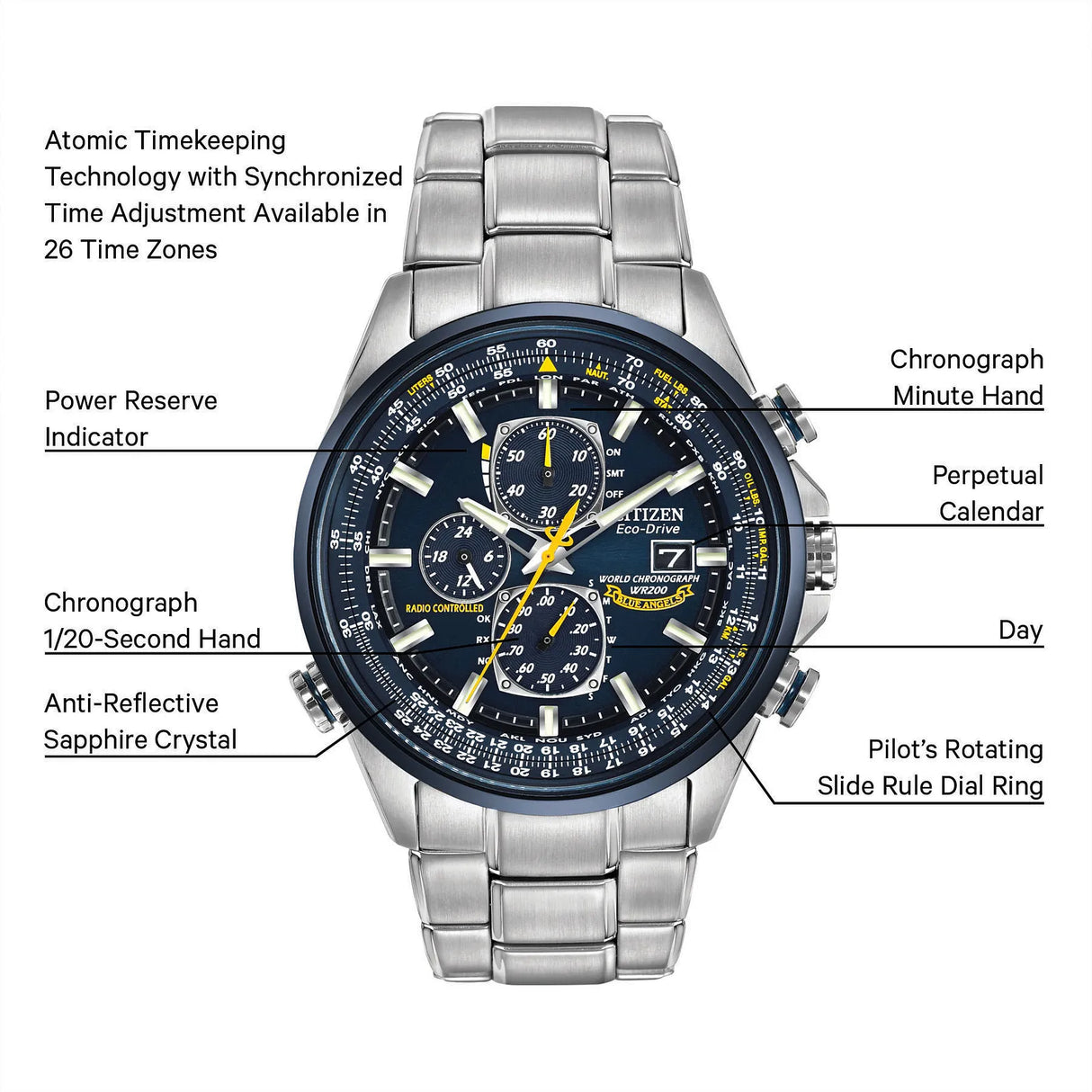 AT8020-54L Reloj Citizen World Chronograph Eco-drive de hombre pulsera de metal 43mm