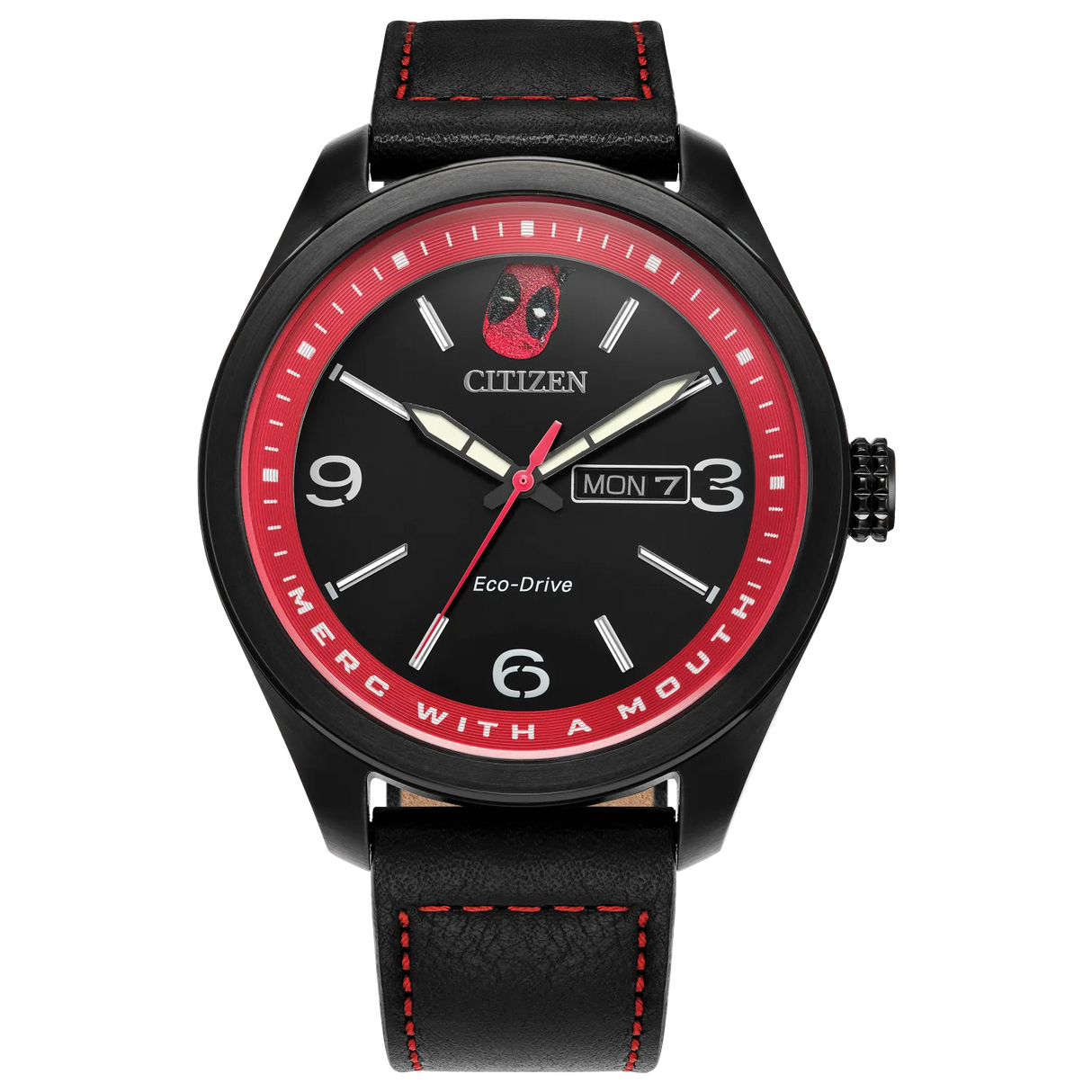 AW0145-02W Citizen Here comes Deadpool Marvel Edition de caballero pulsera de cuero Eco-drive