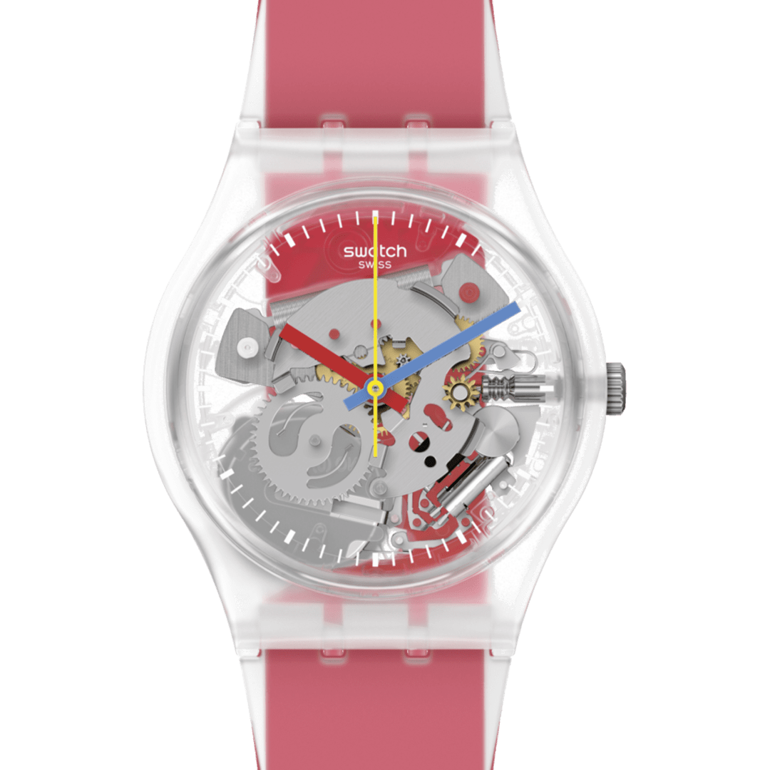 GE292 Reloj Swatch Clearly Red Striped unisex banda de resina