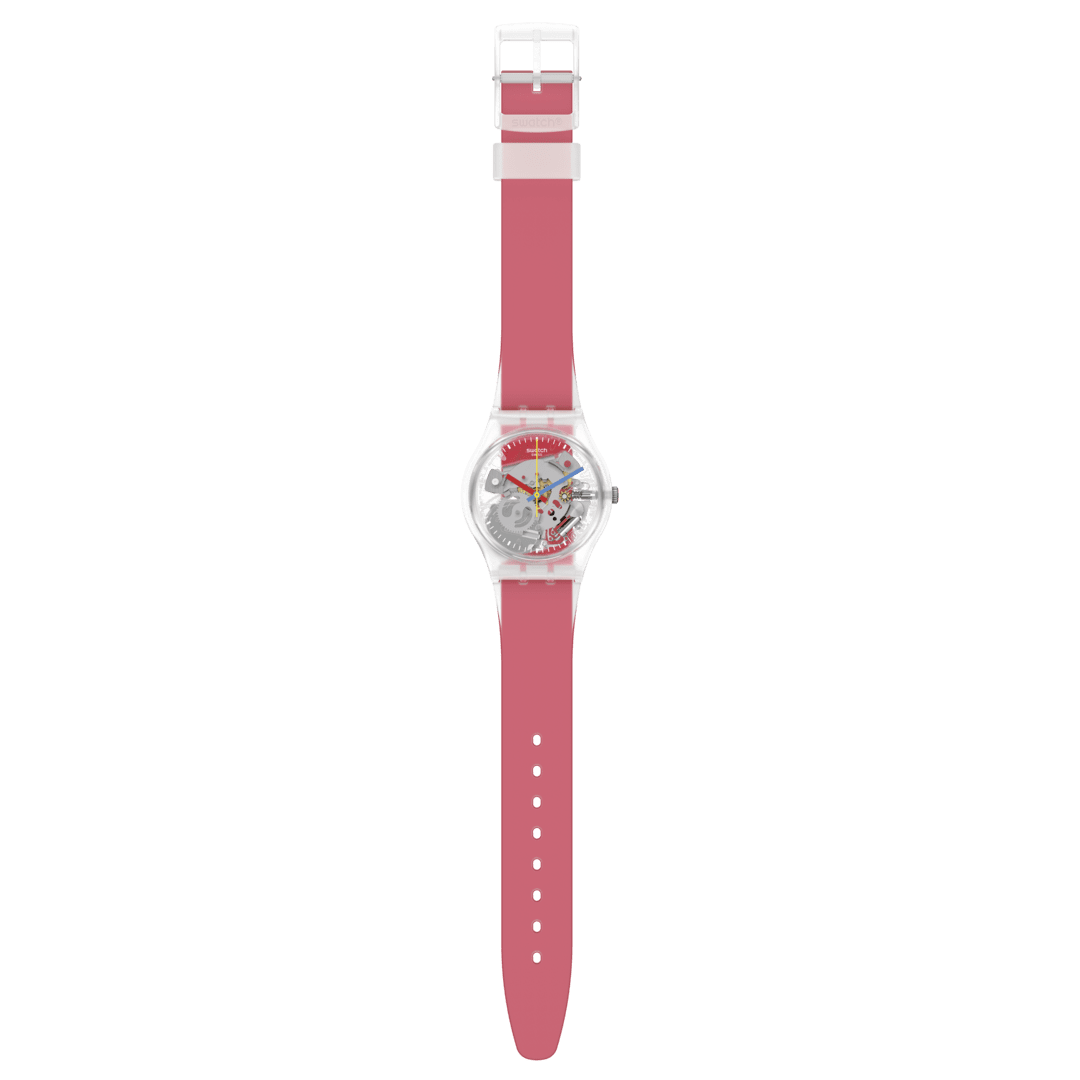 GE292 Reloj Swatch Clearly Red Striped unisex banda de resina