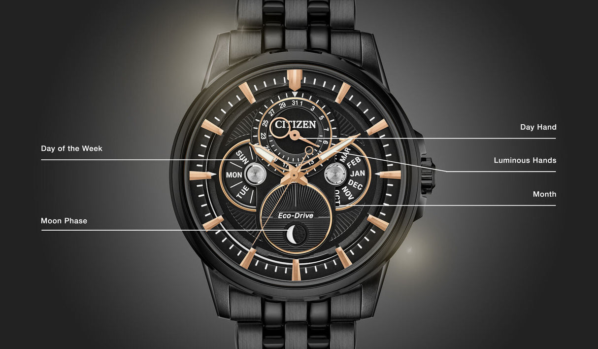 bu0057-54e Reloj Citizen Calendrier Moonphase Eco-drive de hombre pulsera de metal 44 mm