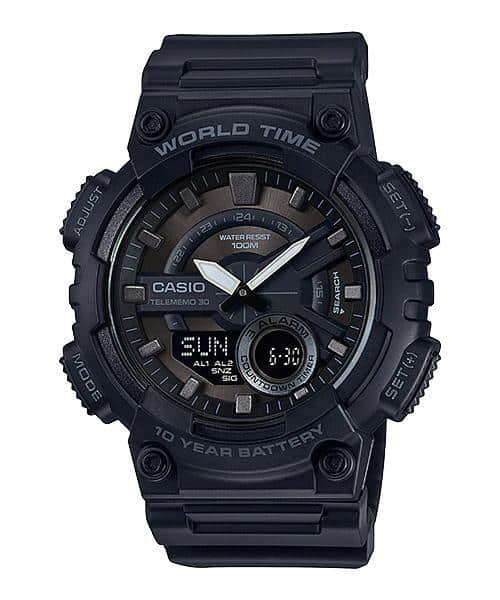 AEQ-110W-1BV Reloj Casio para Hombre, Hora Mundial, Telememo 30, 10 Años de Batería