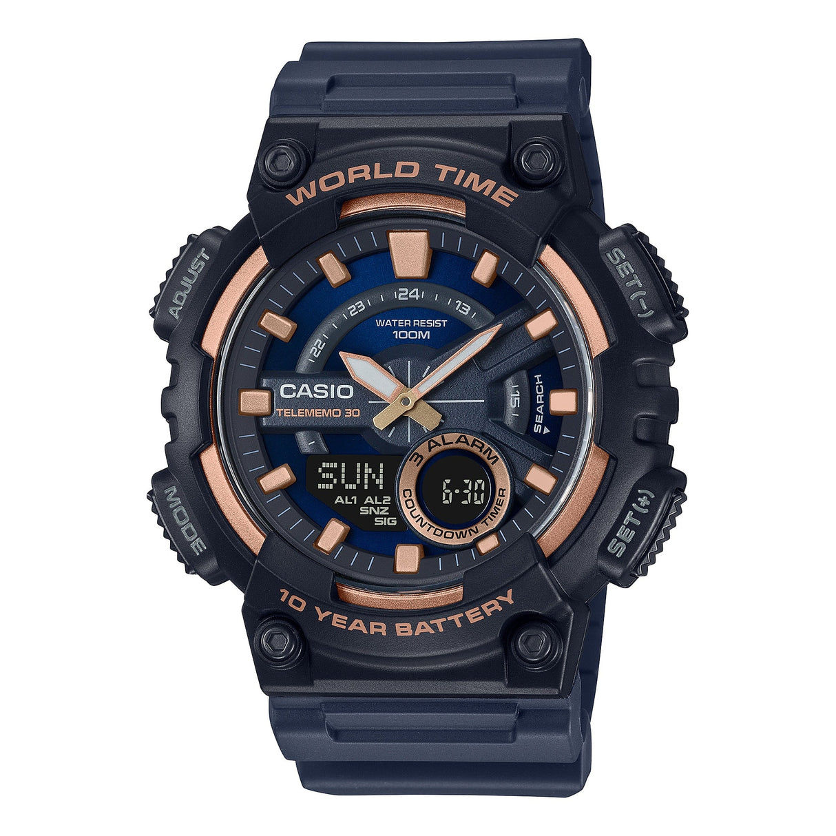 AEQ-110W-2A3VCF Reloj Casio para Hombre, Hora Mundial, Telememo 30, 10 Años de Batería