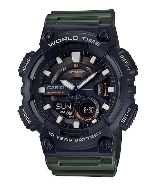 AEQ-110W-3AV Reloj Casio para Hombre, Hora Mundial, Telememo 30, 10 Años de Batería