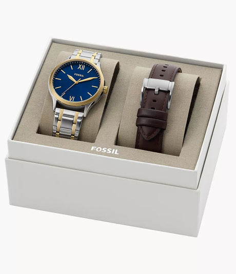 BQ2786SET Reloj Fossil Fenmore de caballero pulsera de metal más pulsera de cuero 44mm