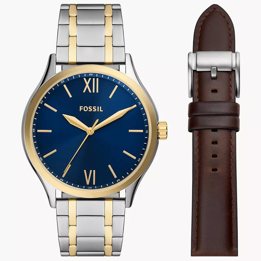BQ2786SET Reloj Fossil Fenmore de caballero pulsera de metal más pulsera de cuero 44mm