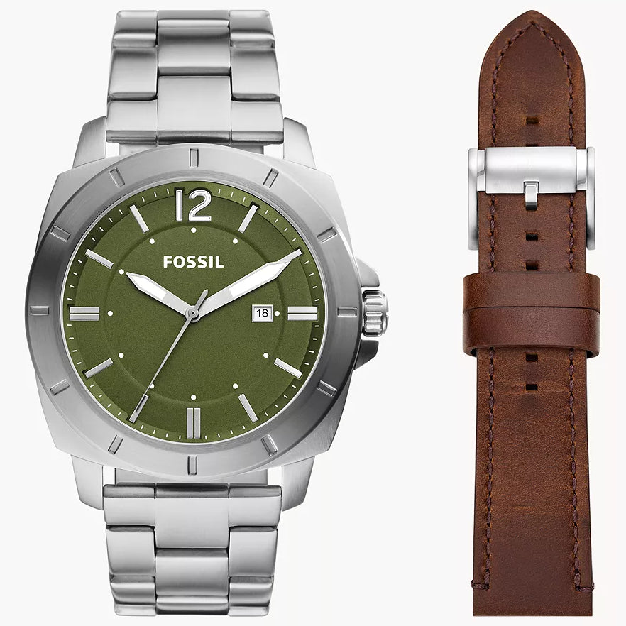 BQ2795SET Reloj Fossil Privateer de caballero pulsera de metal más pulsera de cuero 45mm