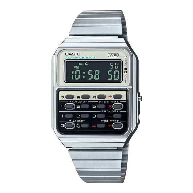 CA-500WE-7B Reloj Casio Digital para Caballero con Calculadora, Alarma y Cronógrafo, Pulsera de Metal