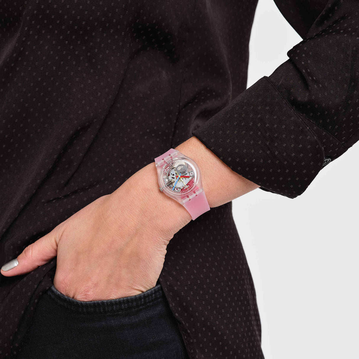 GE292 Reloj Swatch Clearly Red Striped unisex banda de resina