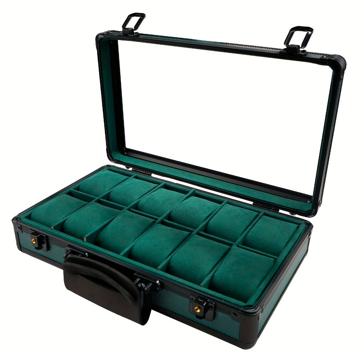 KS-007 Maleta de reloj de aluminio color verde 12 compartimientos